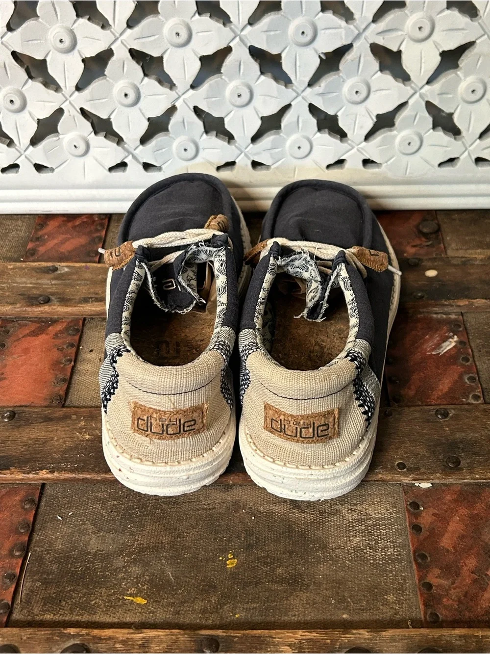 Hey Dude Wally‎ Linen Natural Navy Men’s Size 8 Casual Loafers Comfort Shoes